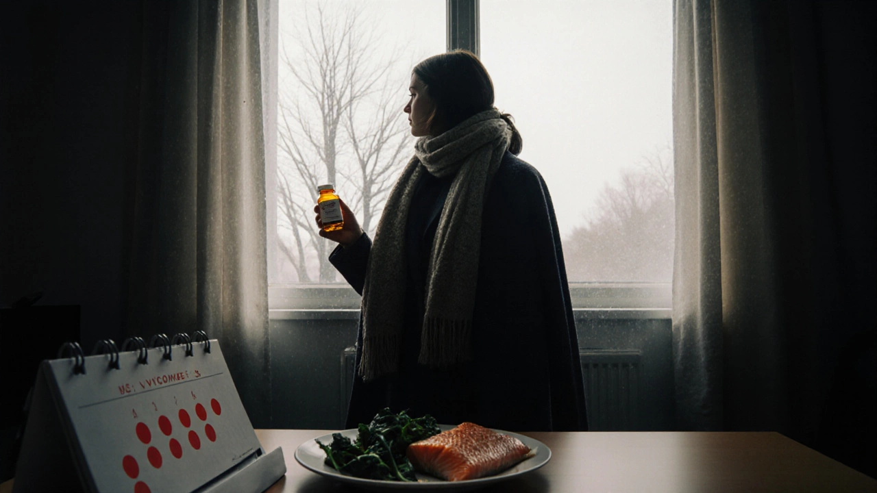 Женщина в зимнем офисе смотрит в окно, держа в руке добавку витамина D, рядом — тарелка с лососем и шпинатом.