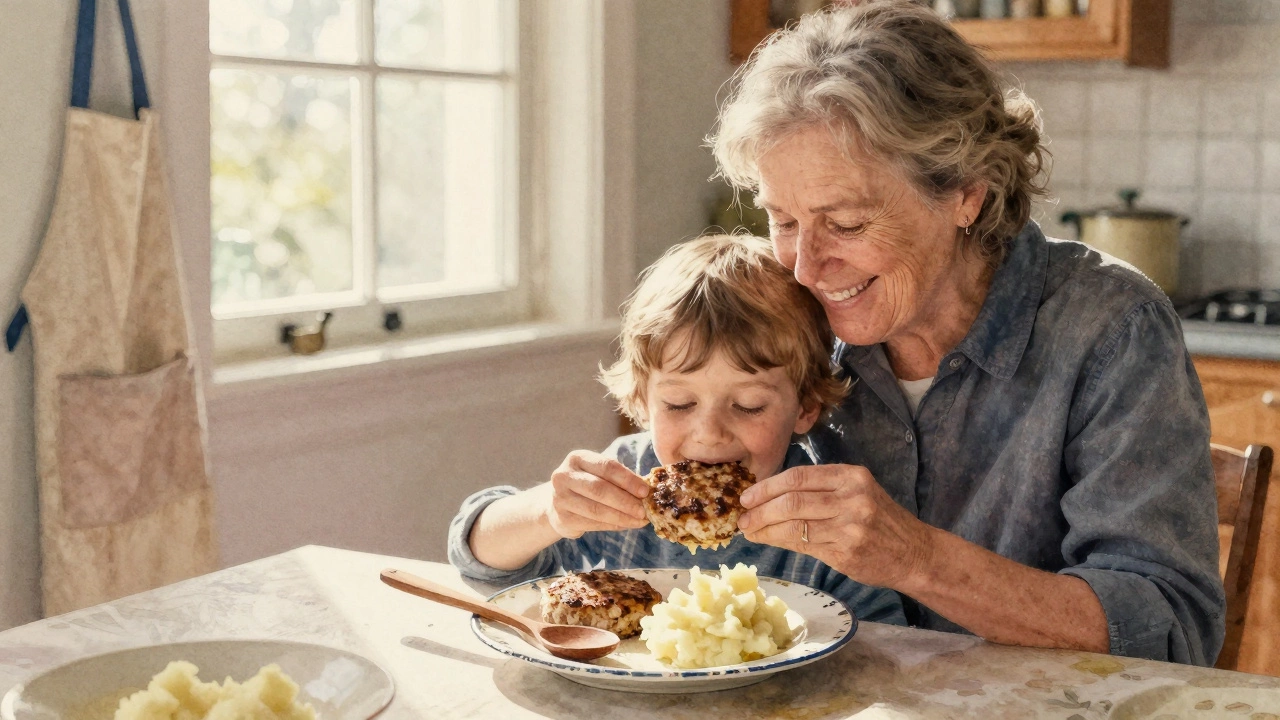 Бабушка смотрит, как ребёнок ест котлету с картошкой