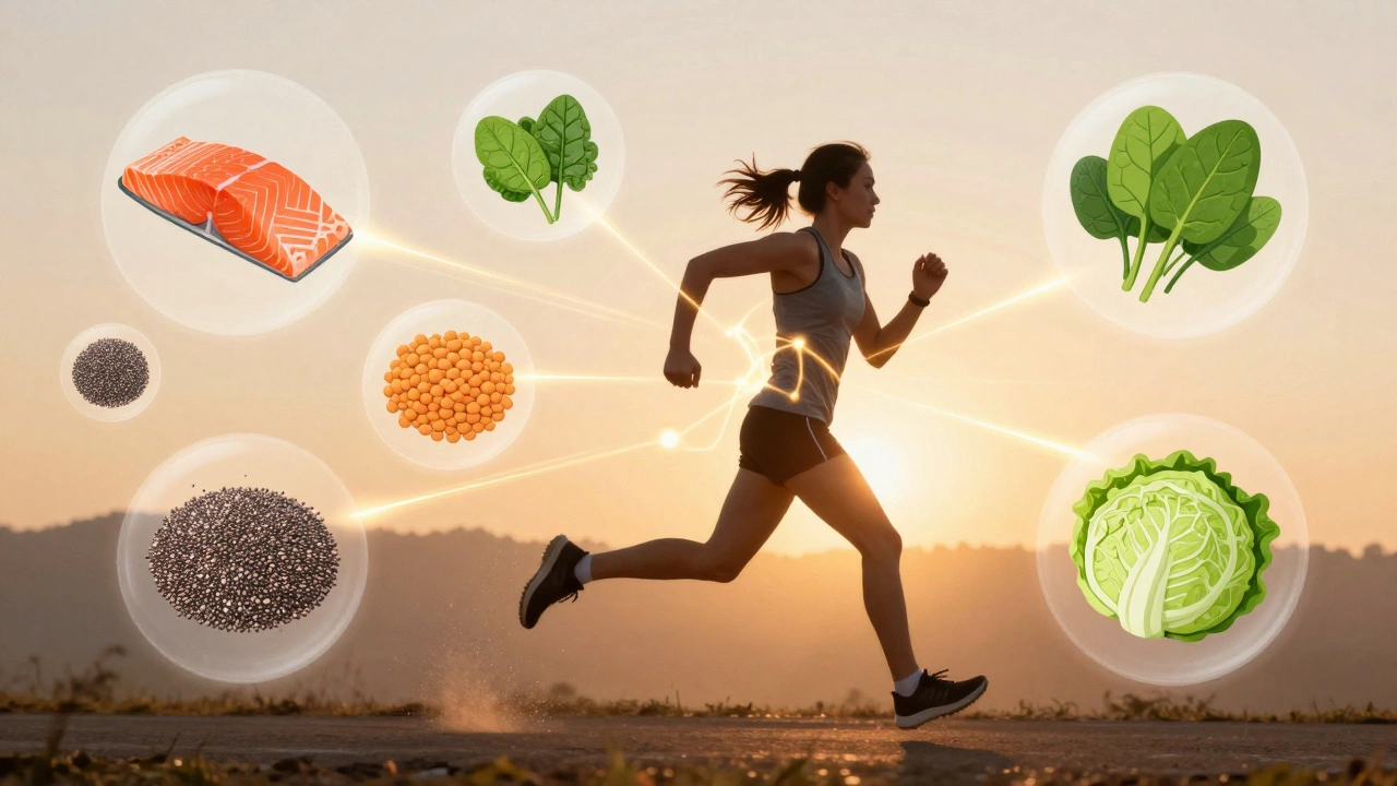 Бегун в рассветном свете, окруженный символами полезных продуктов