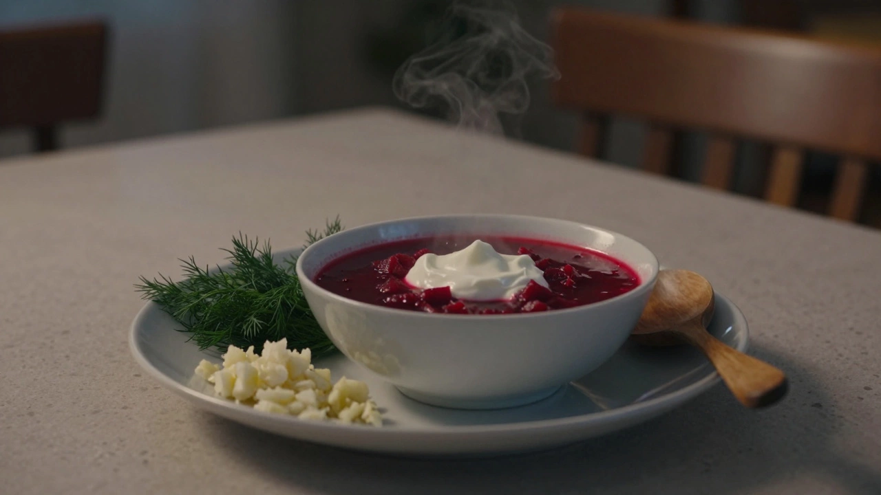 Борщ подан в миске с сметаной и зеленью, подан на тёплой посуде при тусклом свете.