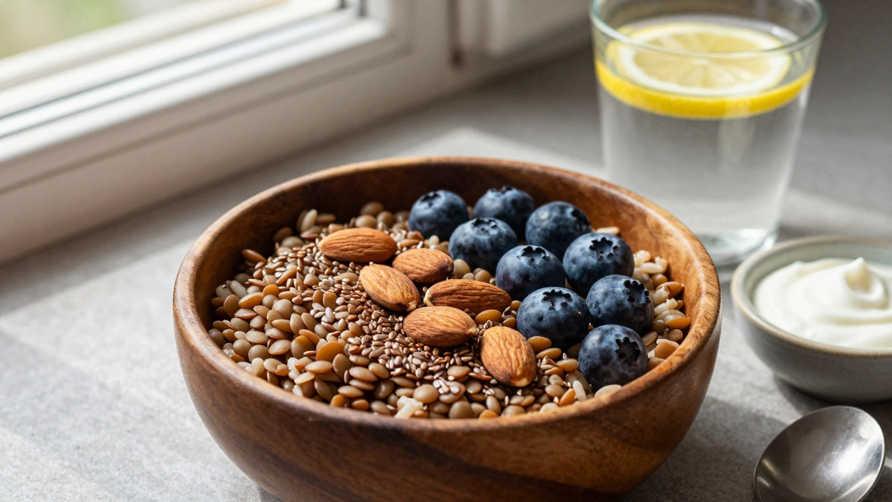 Чашка с чечевицей и коричневым рисом, украшенная орехами и ягодами, рядом йогурт и вода.