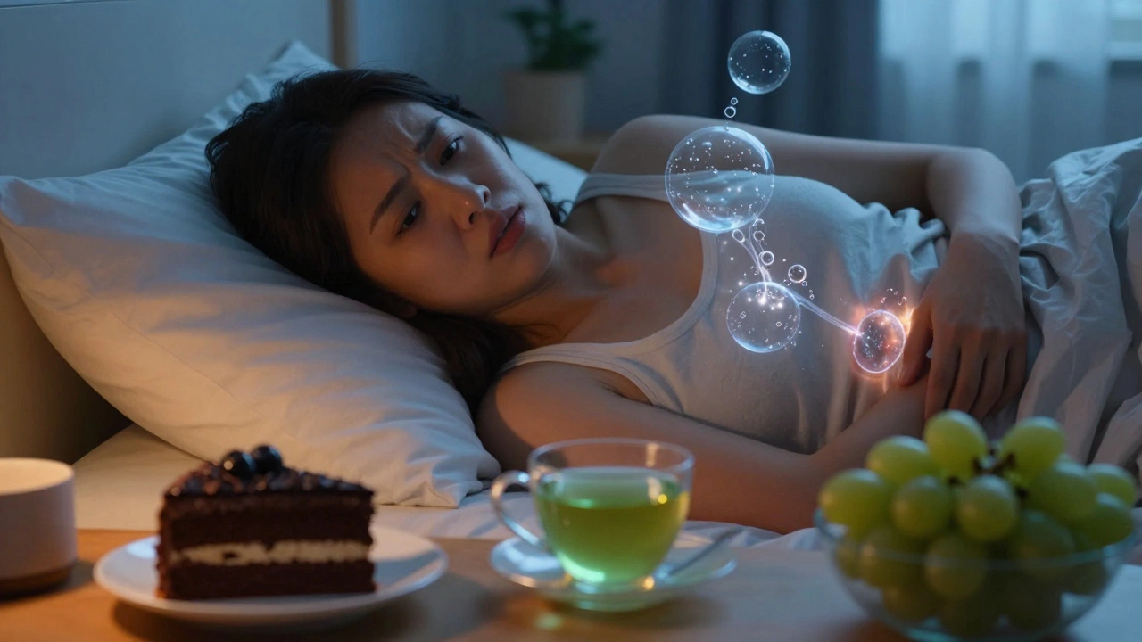 Человек не может уснуть из-за газов и сладостей на тумбочке, луна светит в окно.