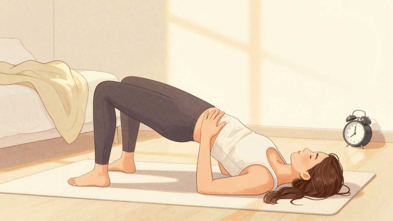 Человек выполняет мостик на полу в пижаме, утренний свет падает на спину.