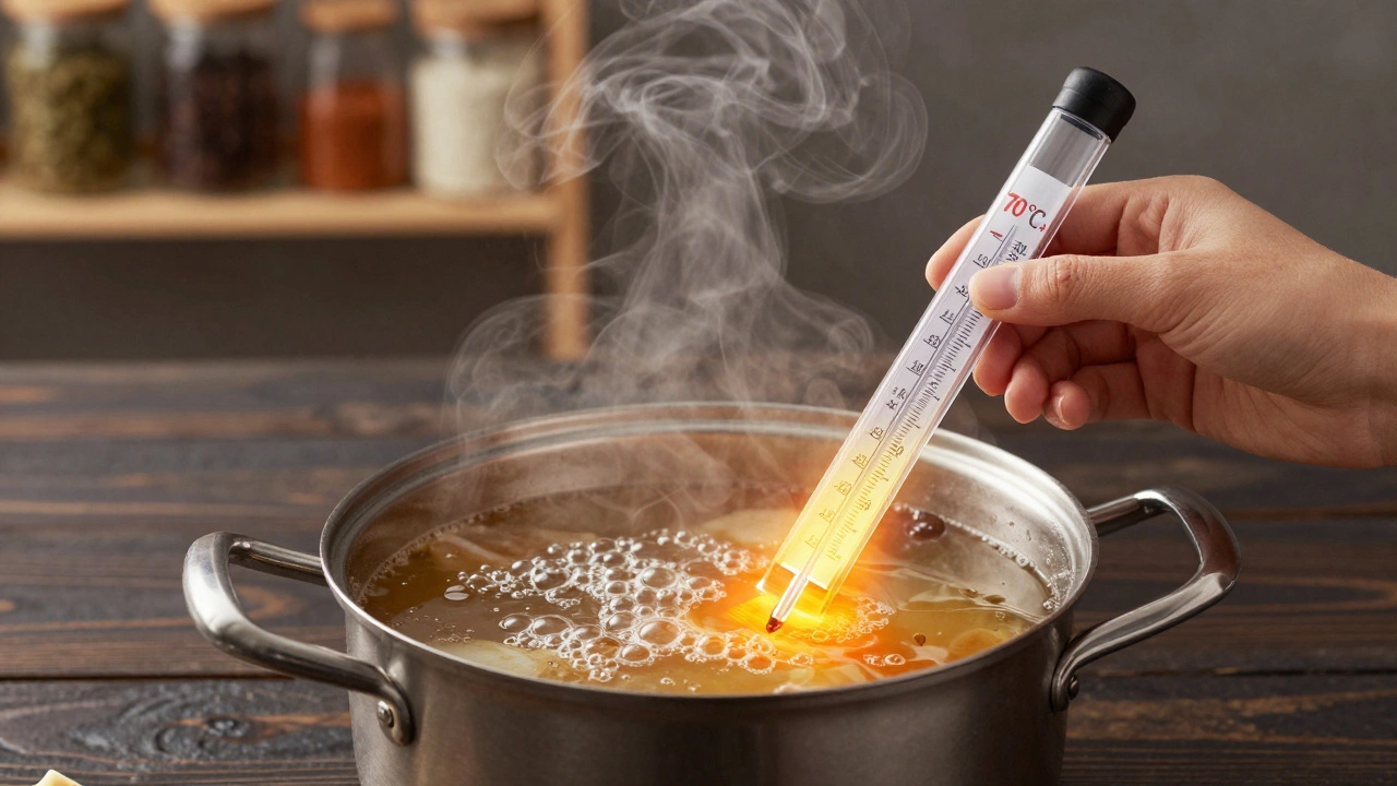 Кипящий суп с термометром, тепловая карта показывает равномерный нагрев до 70°C