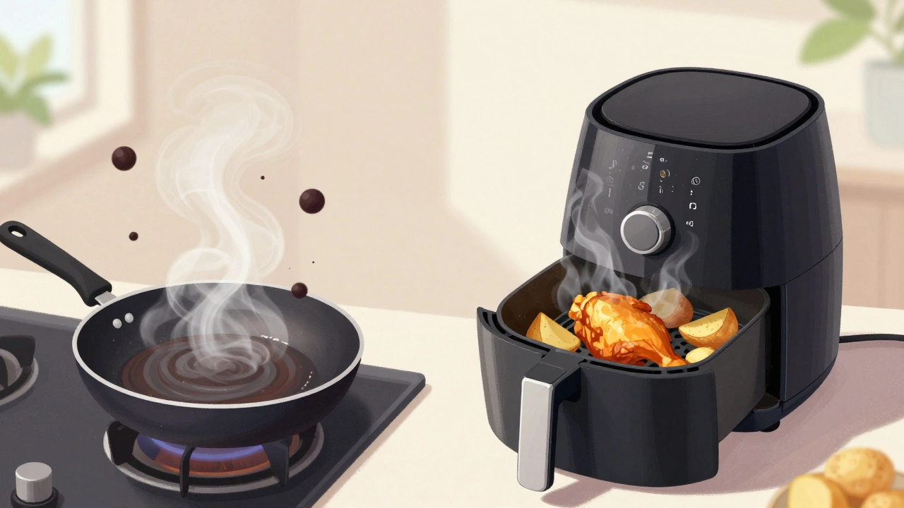 Контраст между традиционной жаркой с токсинами и безопасной жаркой в воздухопечи с зелёным акцентом здоровья.