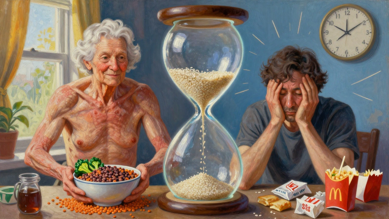 Контраст между здоровым долгожителем и уставшим человеком с нездоровой едой.