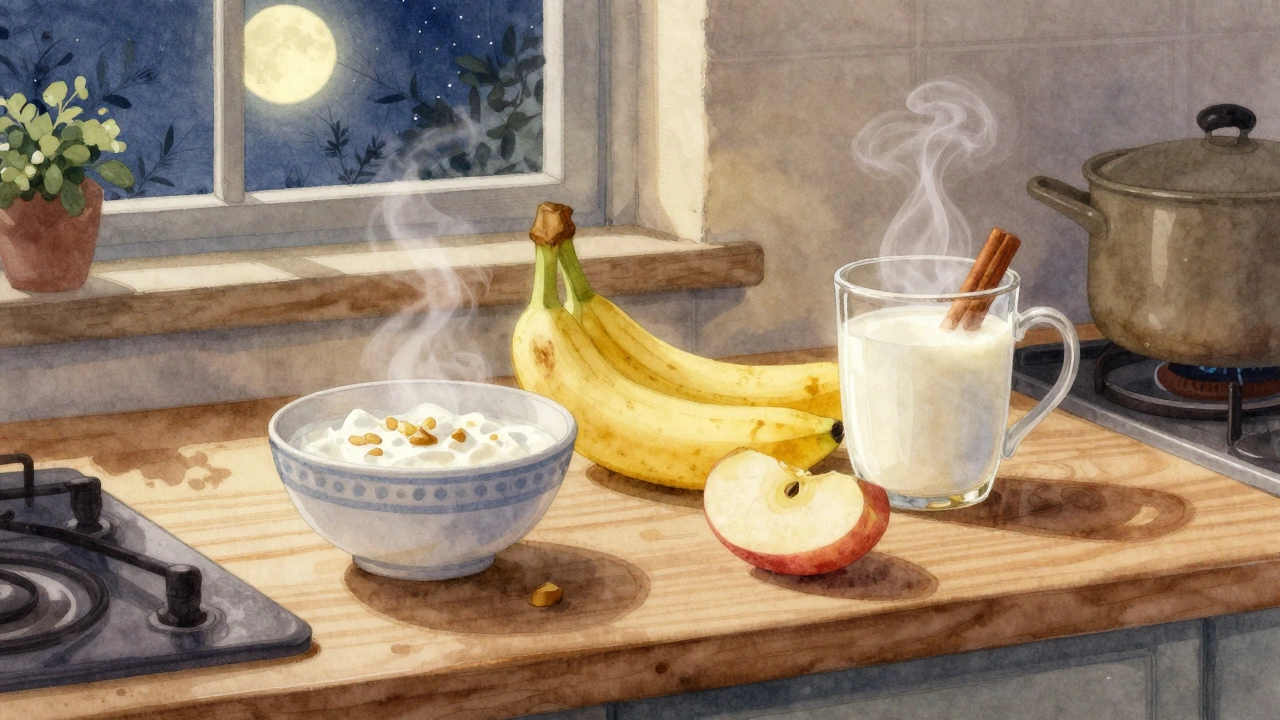 Легкие полезные продукты для сна: кефир, банан, яблоко и теплое молоко с корицей.