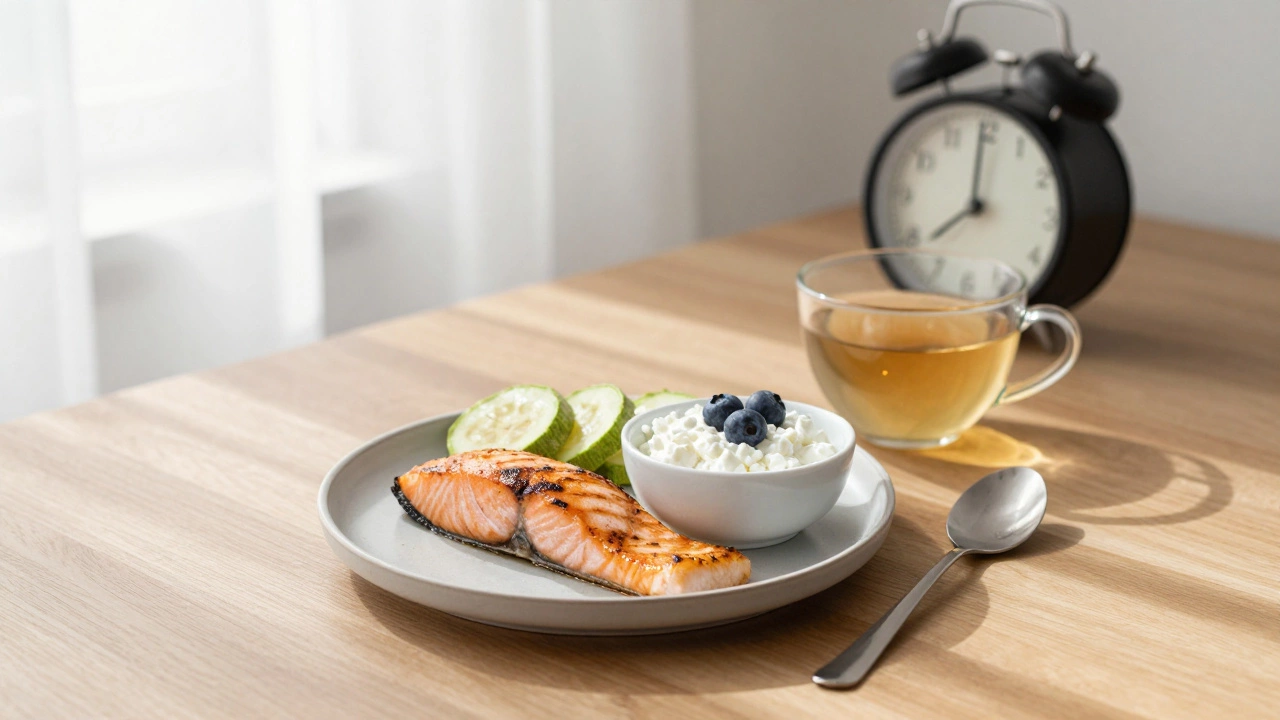 Легкий ужин из рыбы, овощей и творога, тихий вечер, приготовленный до 19:30.