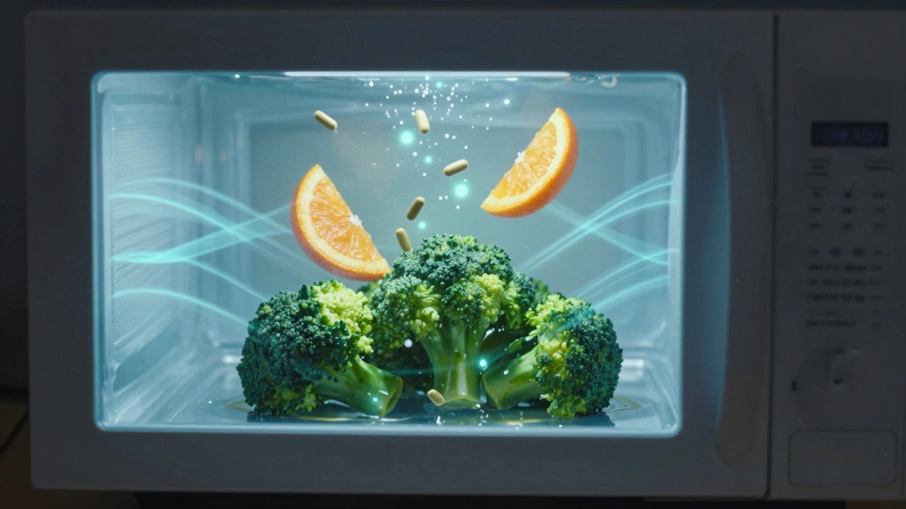 Микроволновка готовит брокколи, питательные вещества светятся в виде частиц.