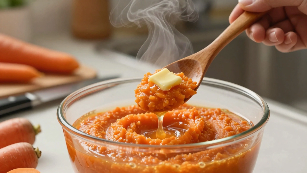 Морковное пюре приготовлено с водой от приготовления, с каплей масла — сохраняются витамины и вкус.