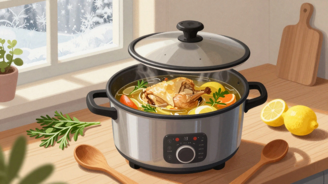 Мультиварка с тушёным курицей и овощами, зимний свет и свежая зелень на фоне.