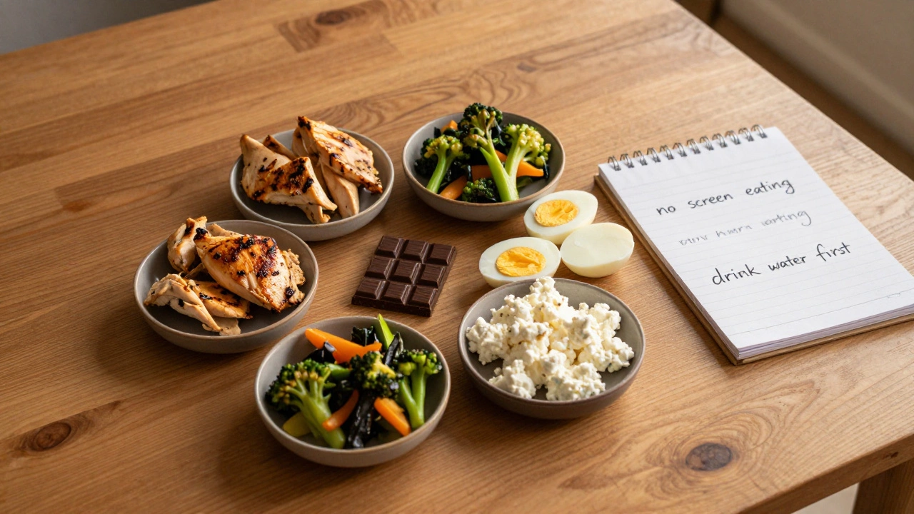 Недельный план питания: курица, овощи, яйца, творог и горький шоколад на деревянном столе.