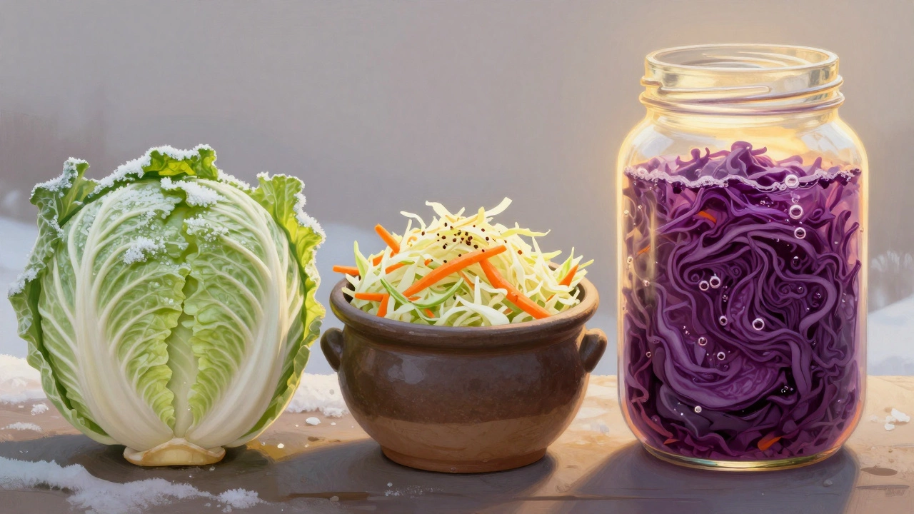 Переход от целой капусты к ферментированной в банке с пузырьками брожения.