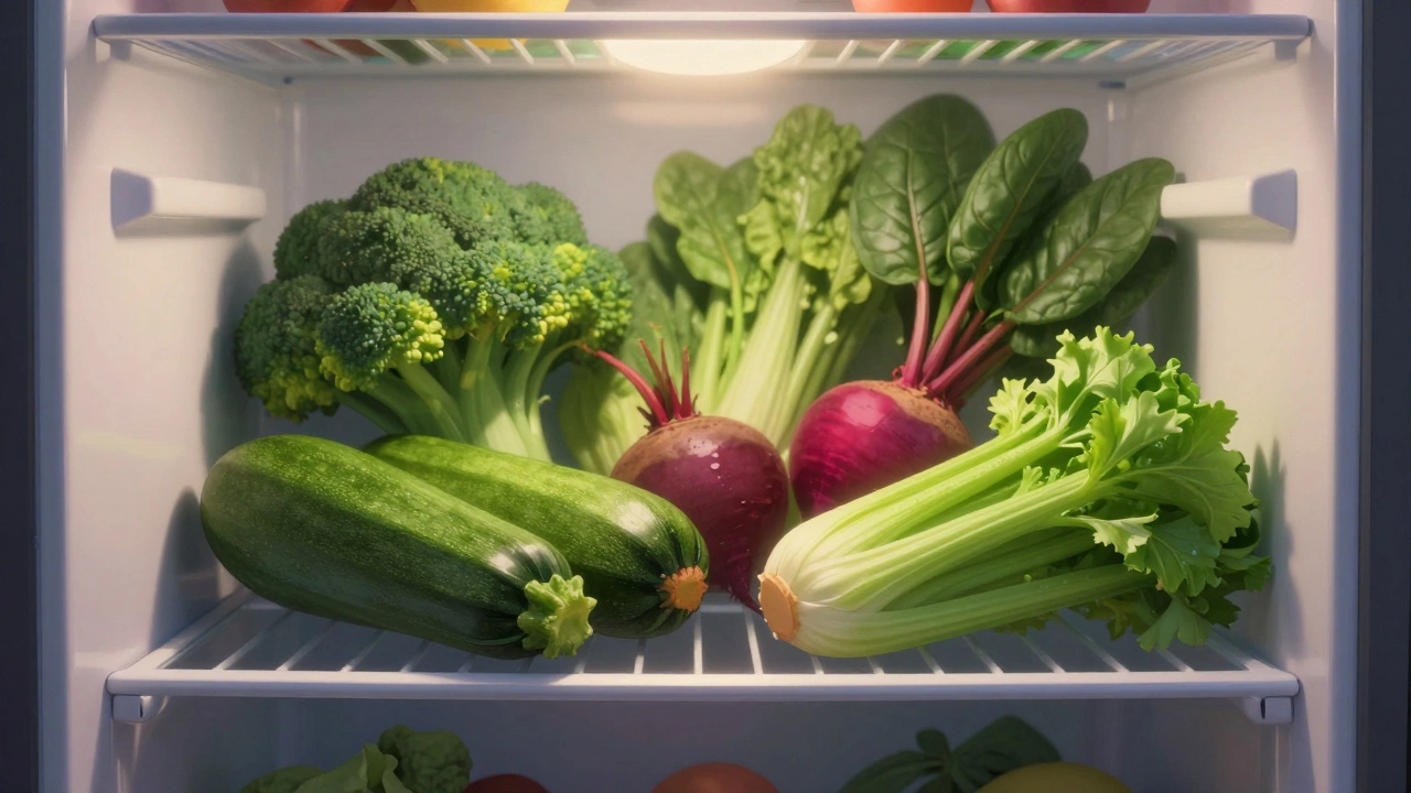 Полка холодильника: кабачок и сельдерей на фоне ярких овощей — контраст пустоты и питательности.