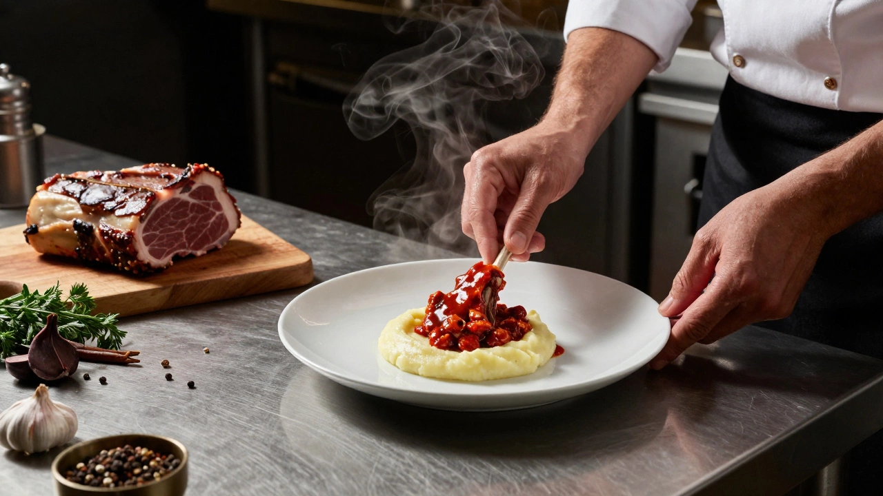 Повар подаёт баранину с аджикой и пюре в современной кухне