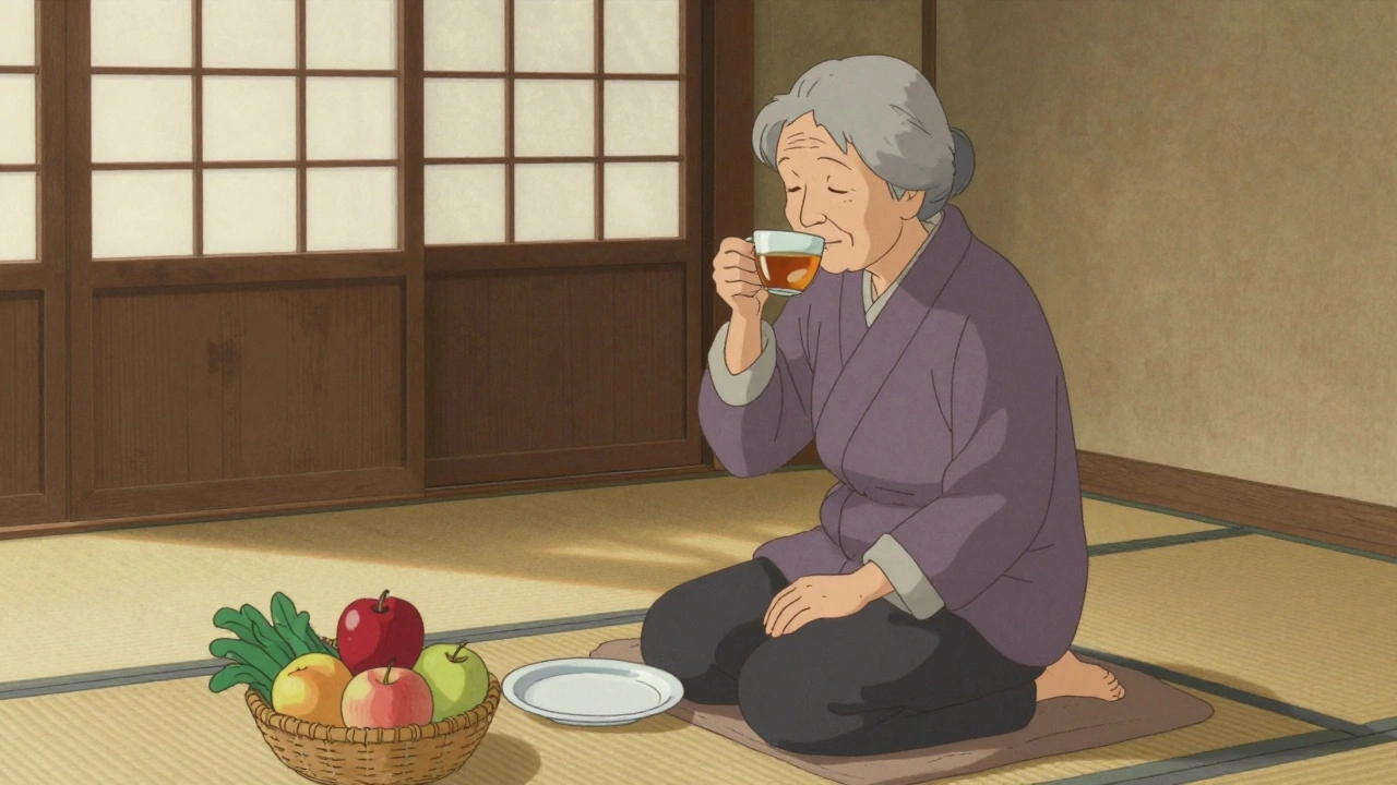 Пожилая японская женщина пьет травяной чай после последнего приема пищи в полдень.