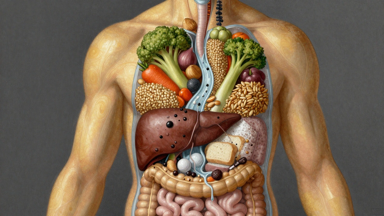 Прозрачное тело, через которое проходят полезные продукты, а токсины фильтруются — художественное изображение правильного питания.