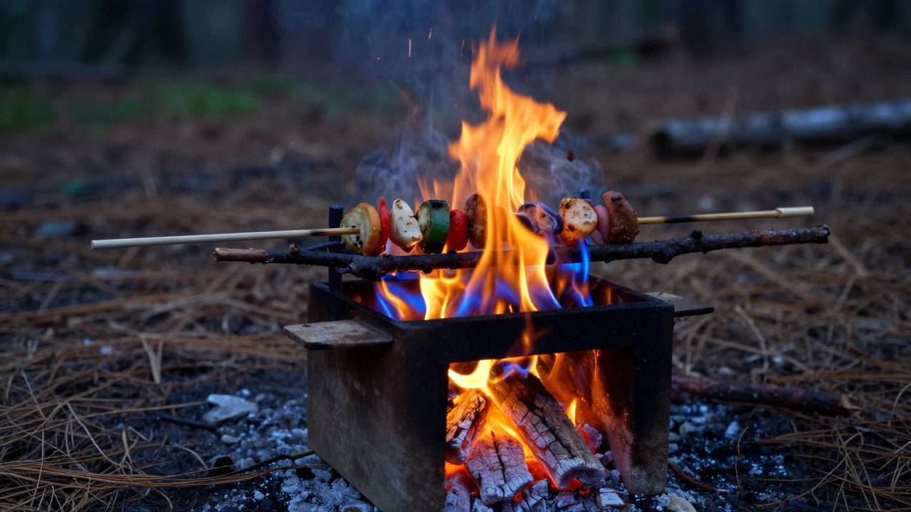 Ракетная печь с чистым пламенем и жарящимися овощами на решётке