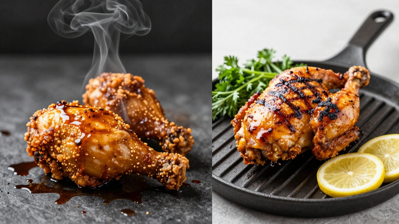 Разделённая композиция: жареная курица с жиром слева и гриль-курица с хрустом справа.
