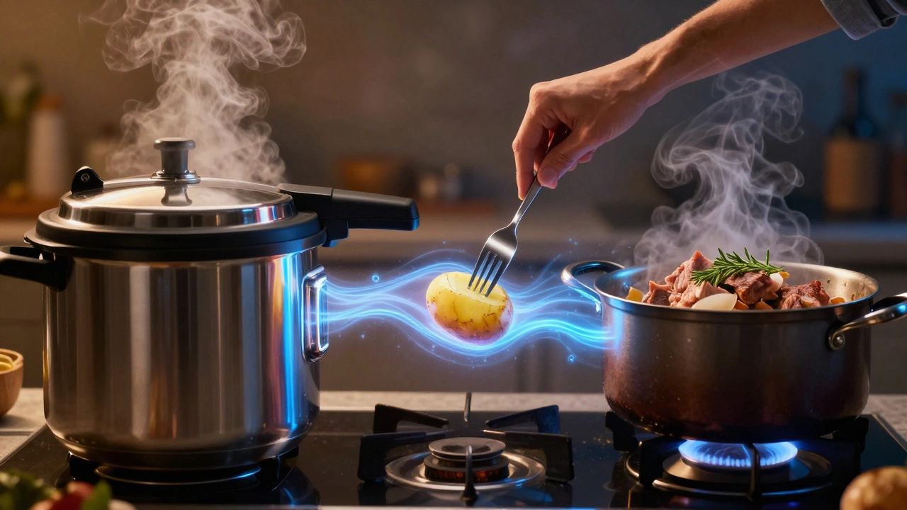 Разделённая кухня: скороварка и медленное тушение соединены потоком тепла, рука с вилкой проверяет картошку.