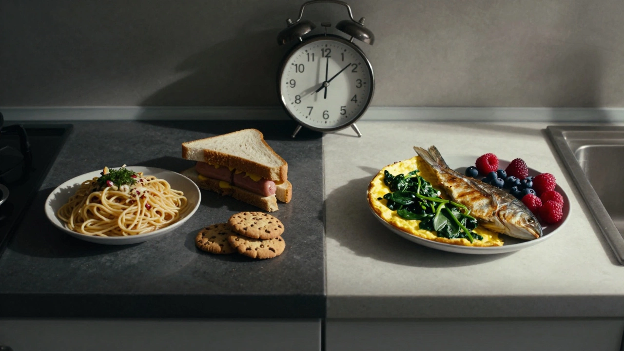 Разделённая кухонная стойка: слева — вредные продукты, справа — полезные ужины, символизирующие выбор.