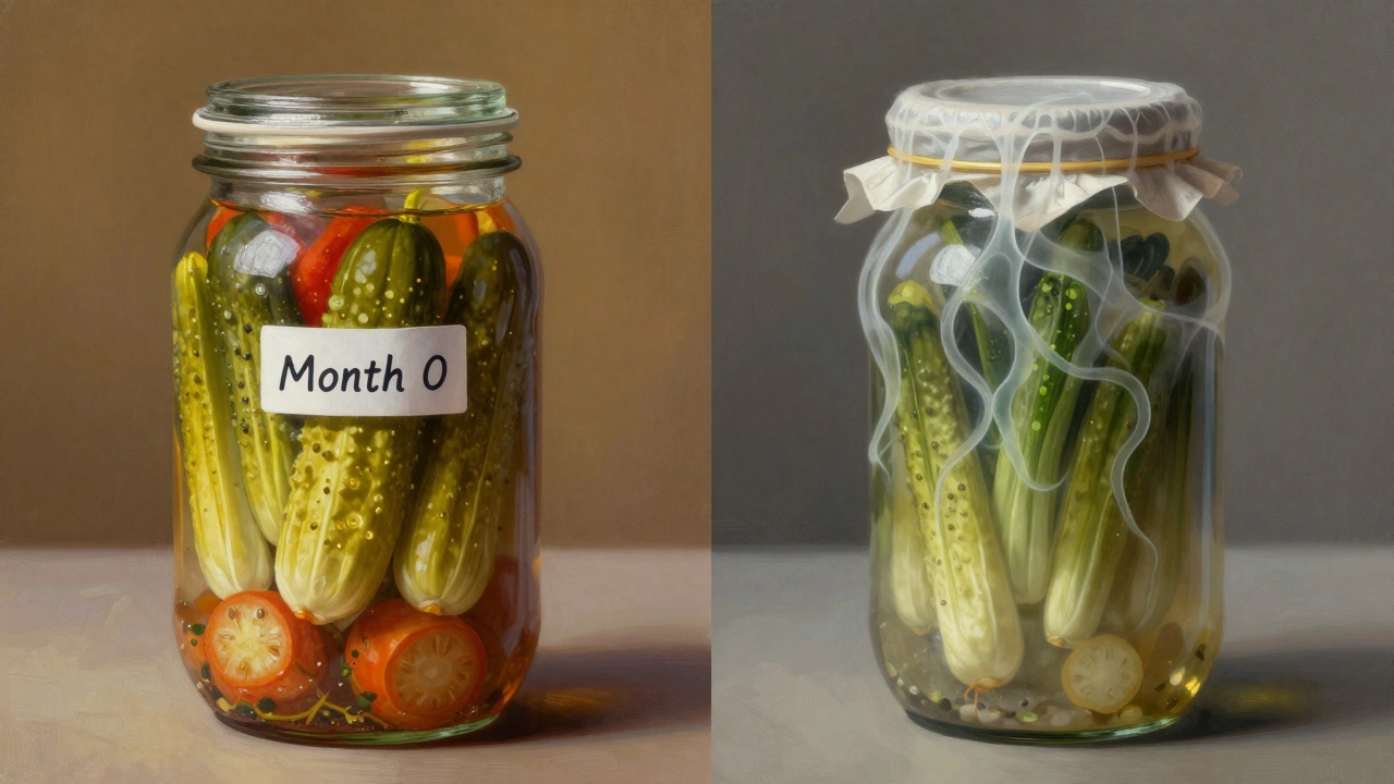 Разделенная сцена: свежие маринованные овощи слева и испорченные — справа с признаками брожения.