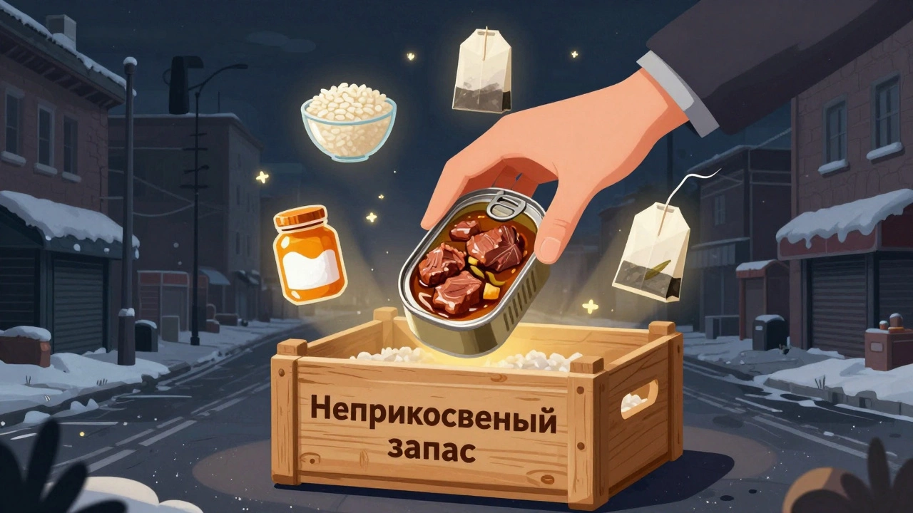 Рука кладет консерву в ящик с символами запасов — рис, мед, чай, соль — на фоне замерзшего города.
