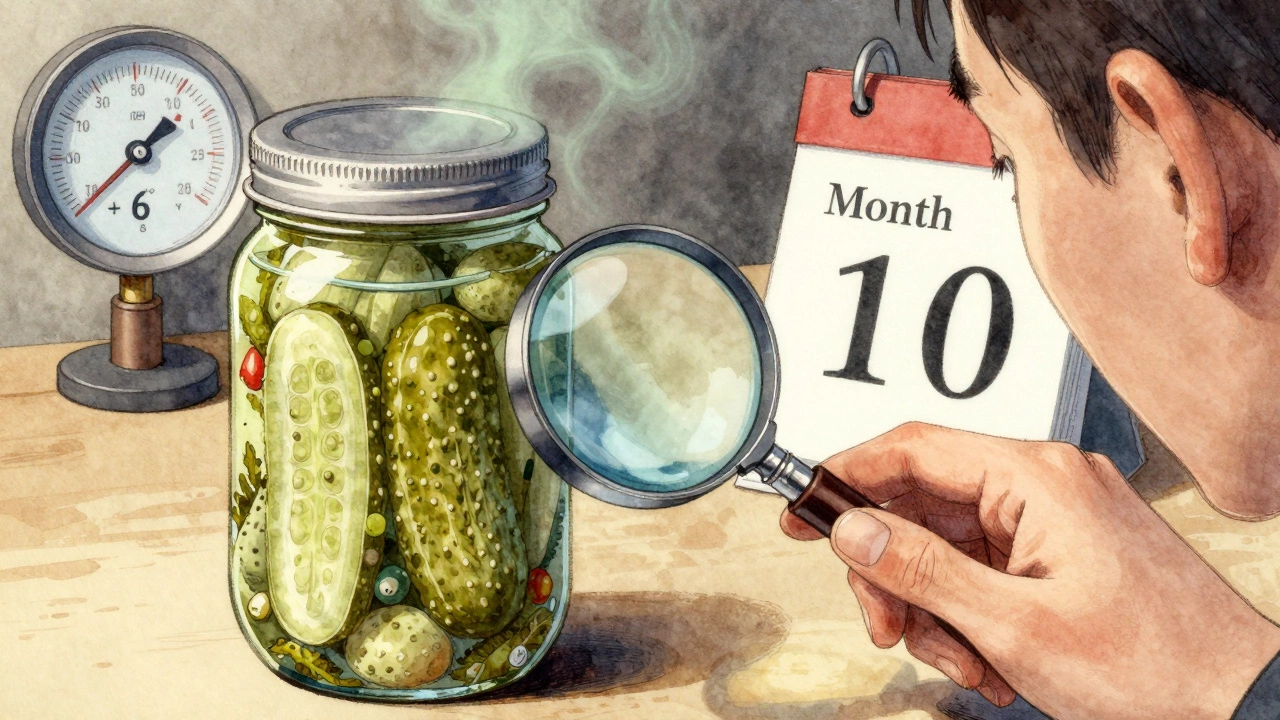 Рука осматривает банку с маринованными овощами через лупу, на фоне термометра и календаря.