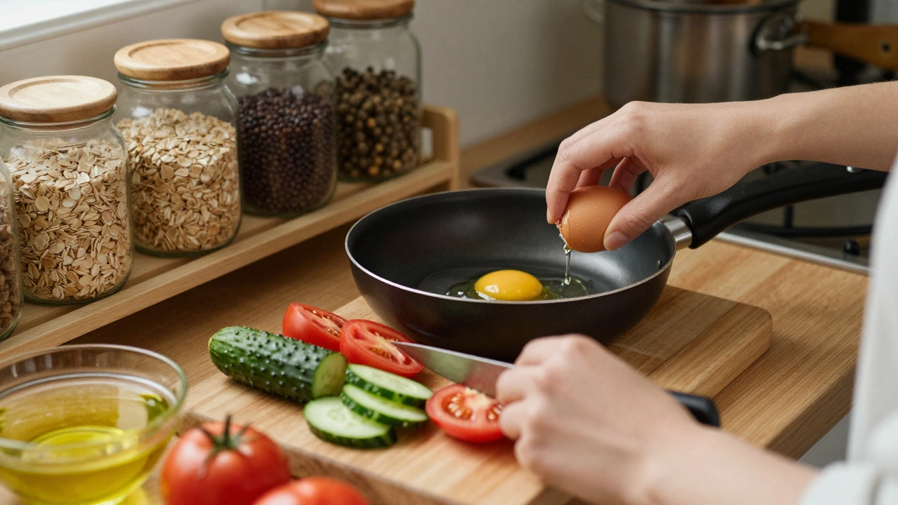 Руки готовят простую еду: режут овощи, жарят яйцо, заправляют салат оливковым маслом — без упакованных продуктов.