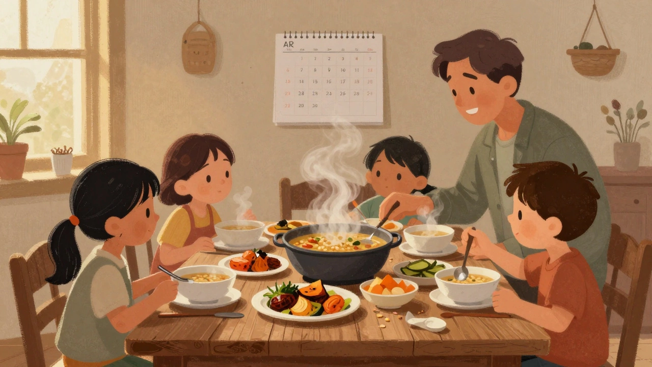 Семья ест домашний суп и овощи за деревянным столом, дети с любопытством смотрят на еду.