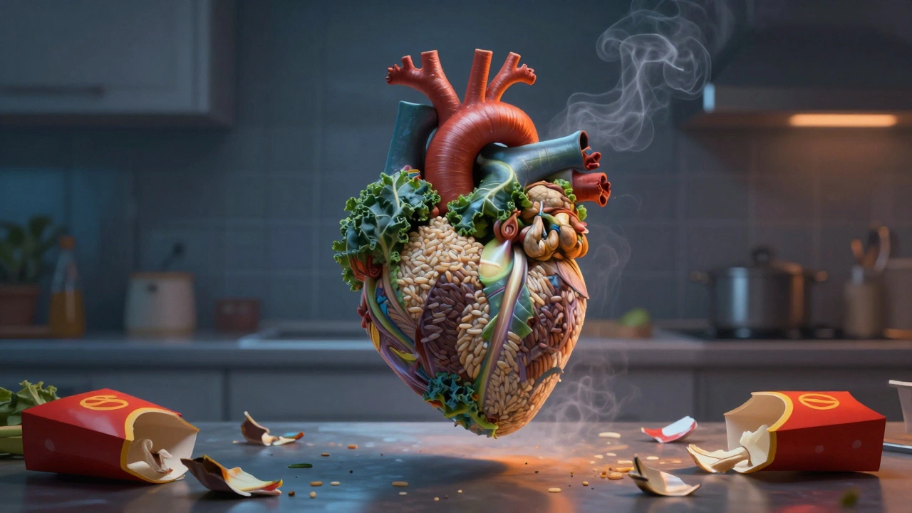 Сердце, составленное из овощей и зерен, над кухонной стойкой, а упаковки фастфуда тают в дыму.