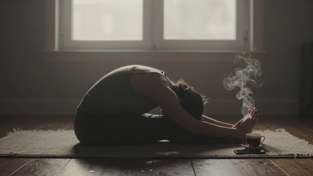 Сидячая растяжка у окна, силуэт тянется к ногам, телефон лежит рядом.