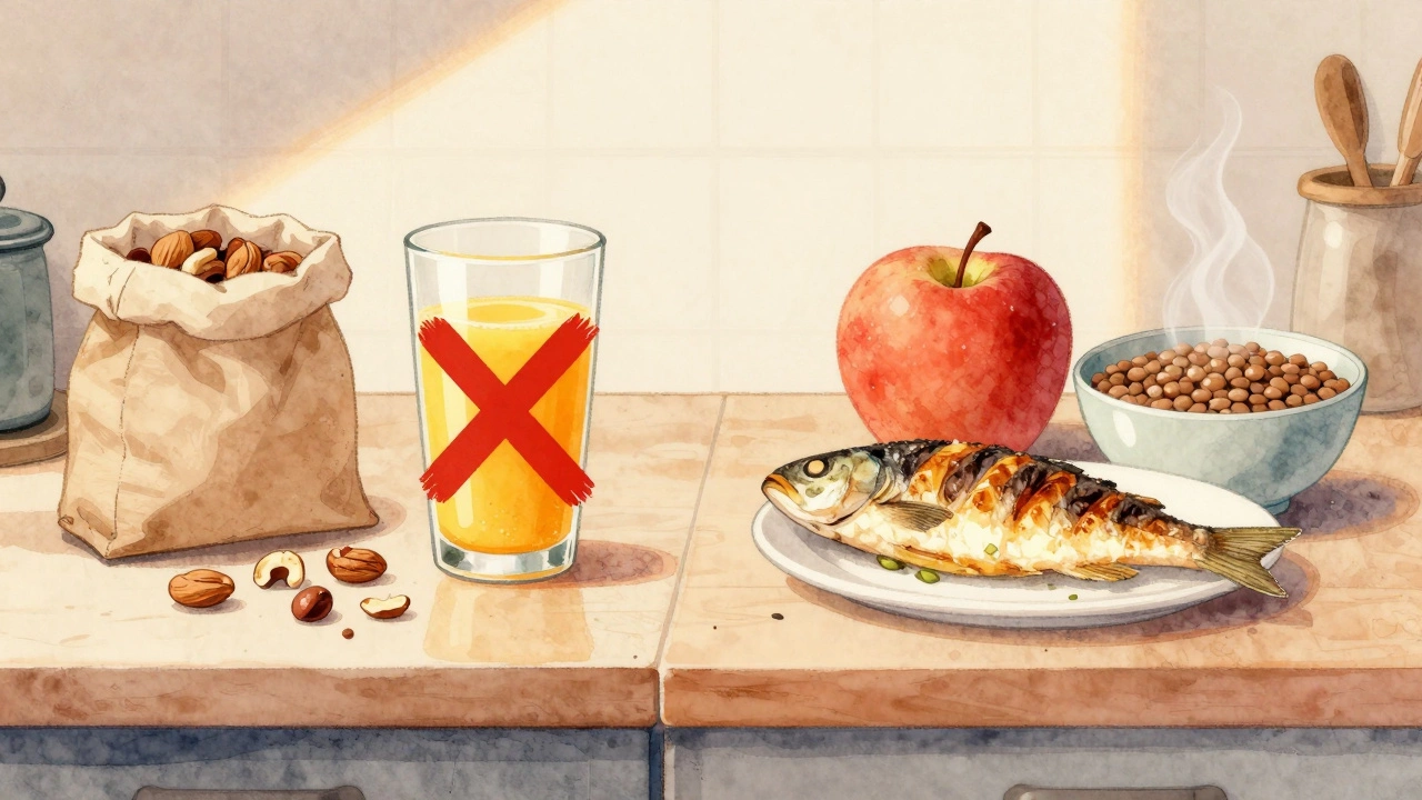 Слева — орехи и сок с крестом, справа — яблоко, рыба и чечевица.
