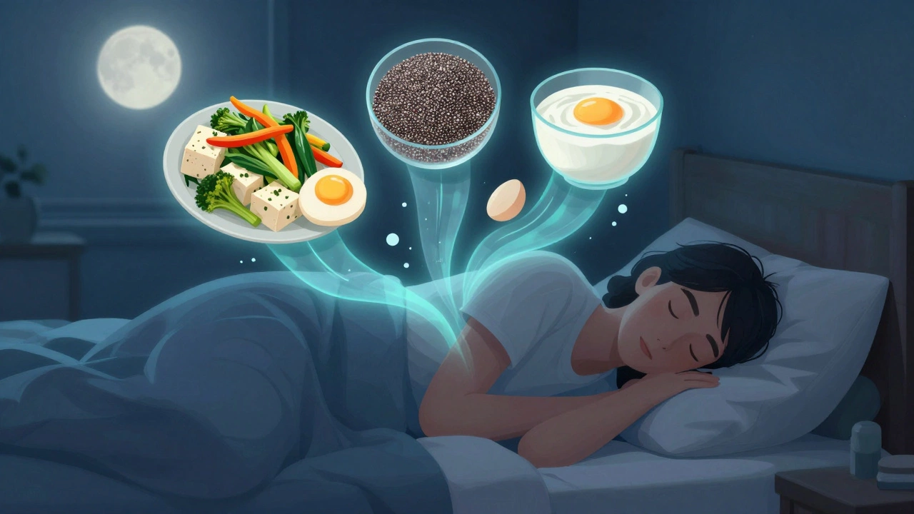 Спящий человек с плавающими над кроватью полезными продуктами для сна: тофу, кефир, яйца.
