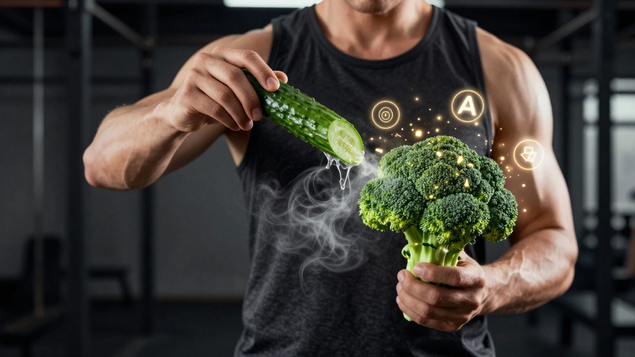 Спортсмен держит огурец, который тает, и брокколи, из которой исходит энергия — метафора полезной пищи.