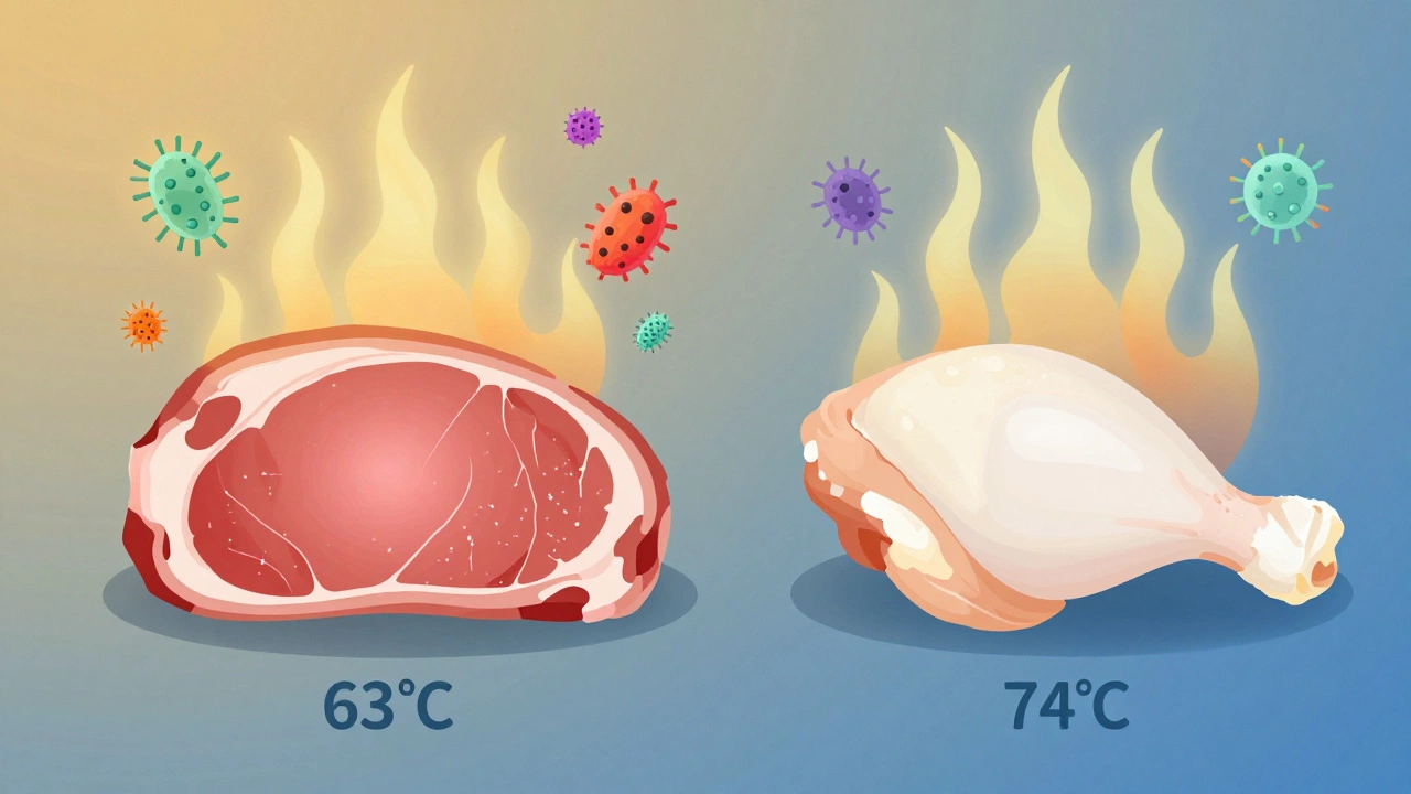 Сравнение безопасной и опасной степени прожарки мяса с бактериями, уничтожаемыми теплом
