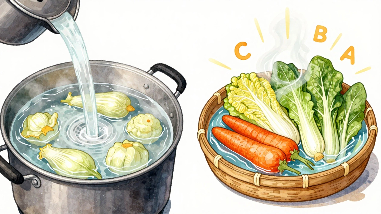 Сравнение: бледные варёные овощи, которые выливают, и яркие паровые овощи с витаминами, парящими над ними.