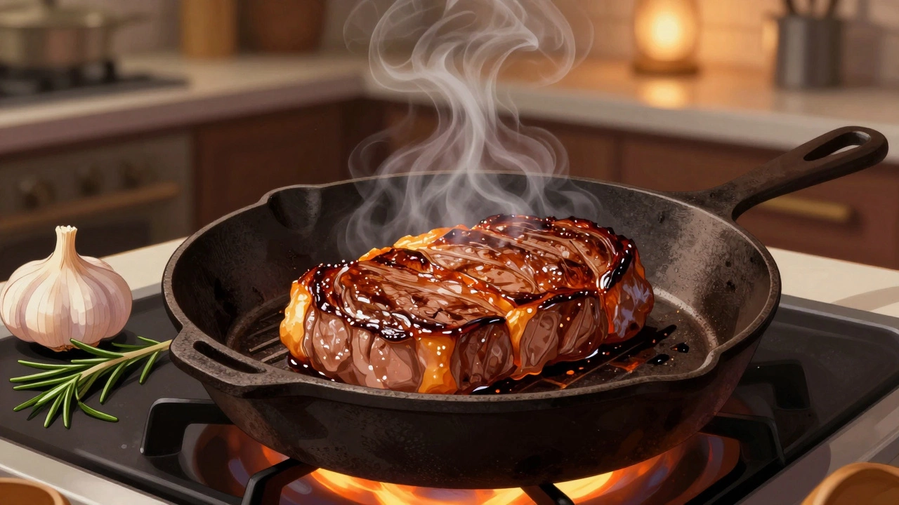 Стейк жарится на сковороде, образуя коричневую корочку, вокруг — чеснок и розмарин.
