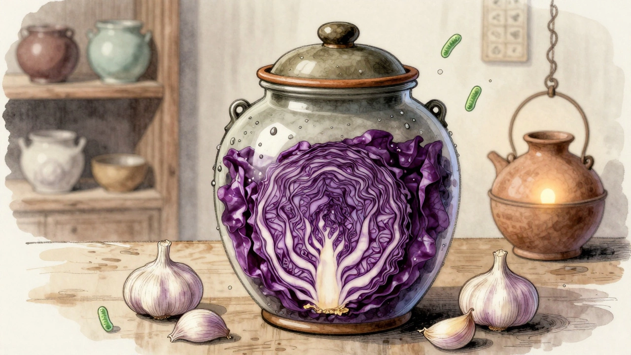 Стеклянная банка с квашеной капустой и микроорганизмами, освещённая тёплым светом.