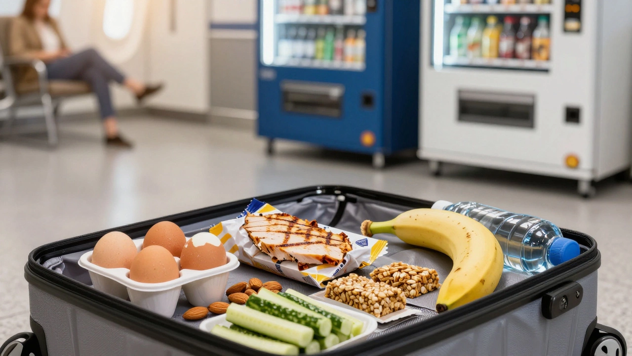 Сумка с полезными перекусами для перелета: яйца, индейка, овсяные батончики, огурцы и вода.
