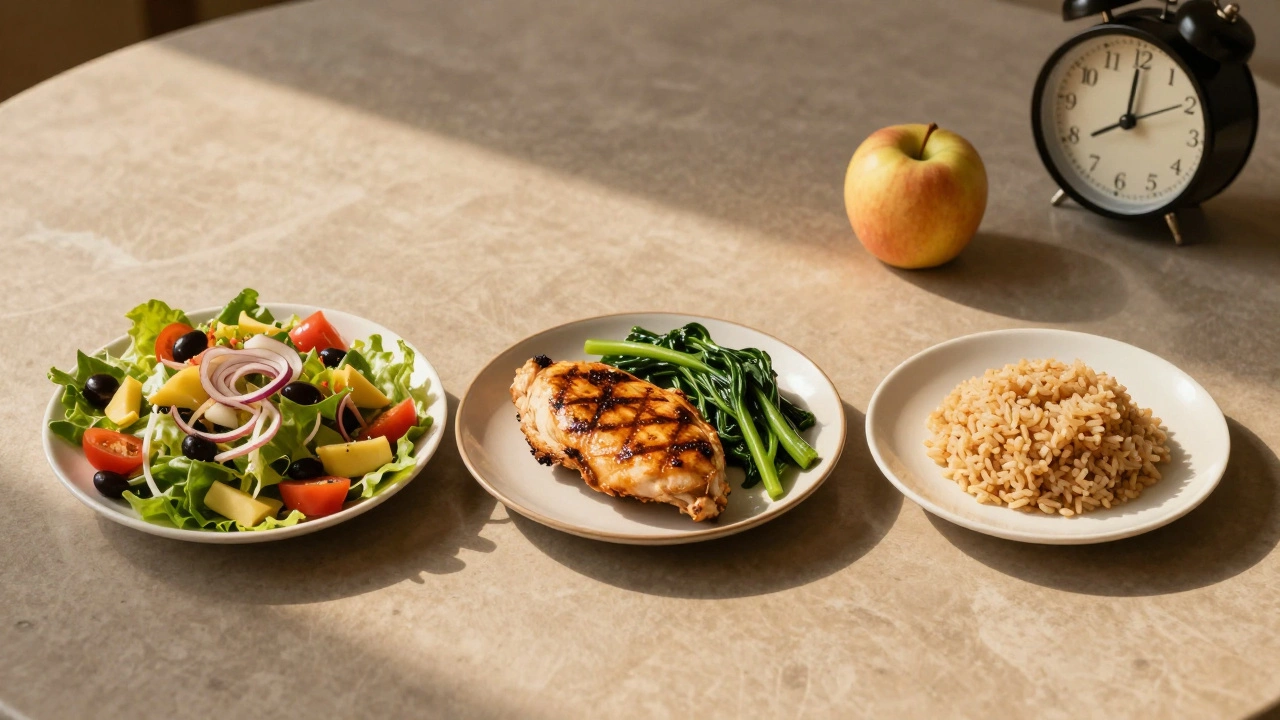 Три тарелки в порядке еды: овощи, белок, углеводы, яблоко отдельно.