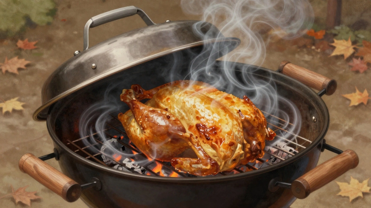 Закрытый гриль с целой курицей внутри, окутанной дымом