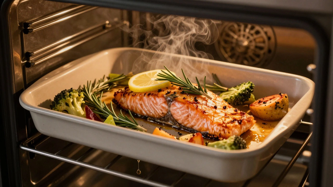 Запечённая рыба и овощи в духовке с травами и паром.