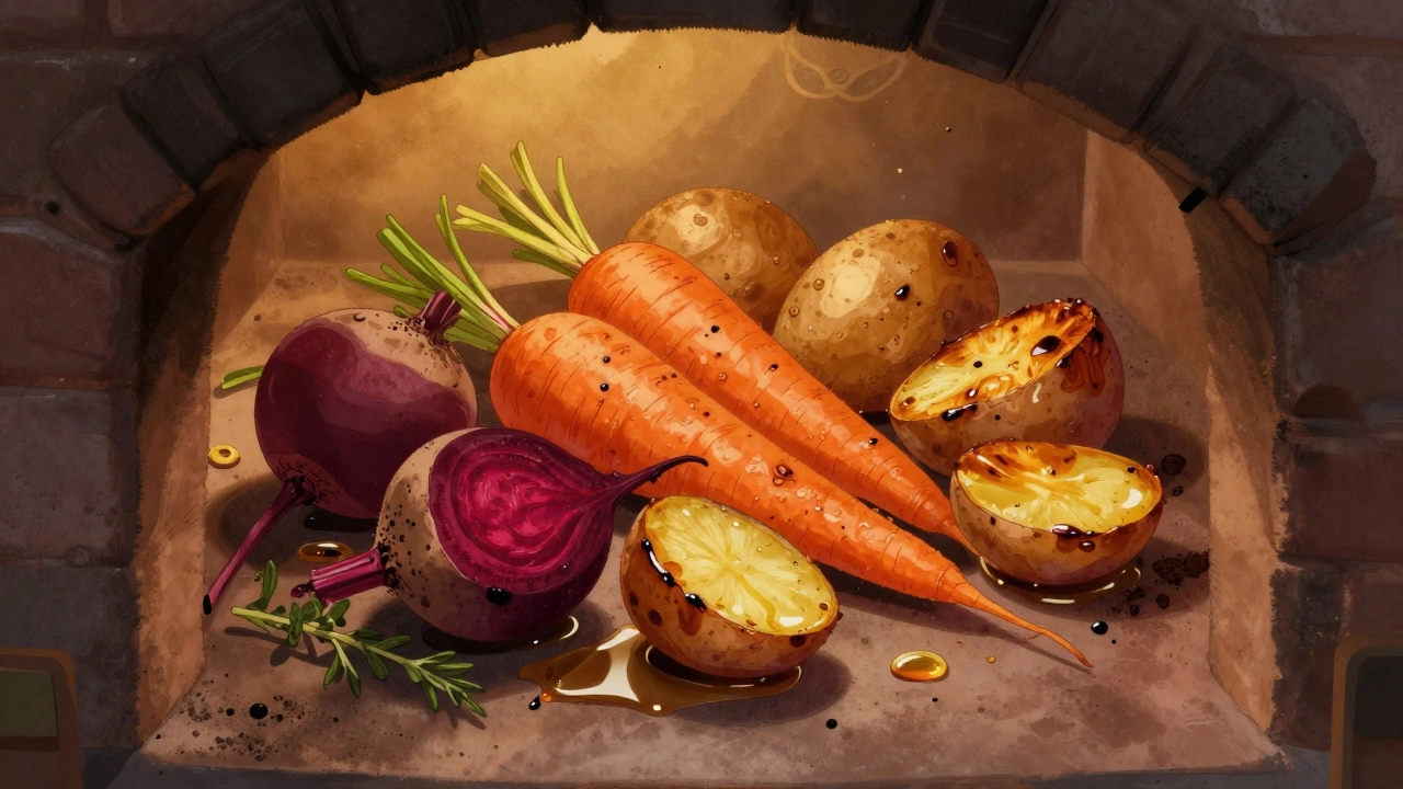 Запечённые корнеплоды в русской печи, с золотистой корочкой и травами.