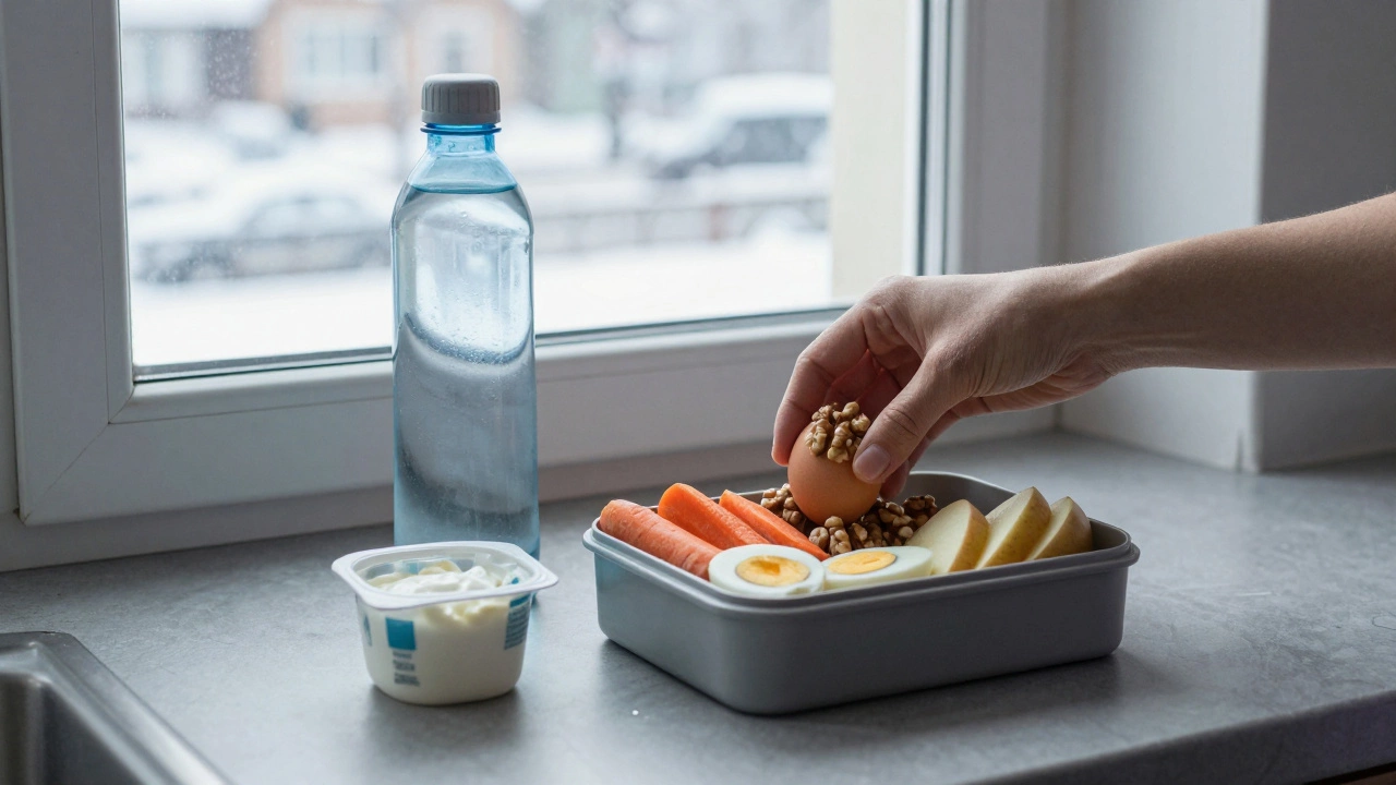 Здоровый ланч в контейнере с орехами, яйцом и нарезанными овощами на кухонном столе