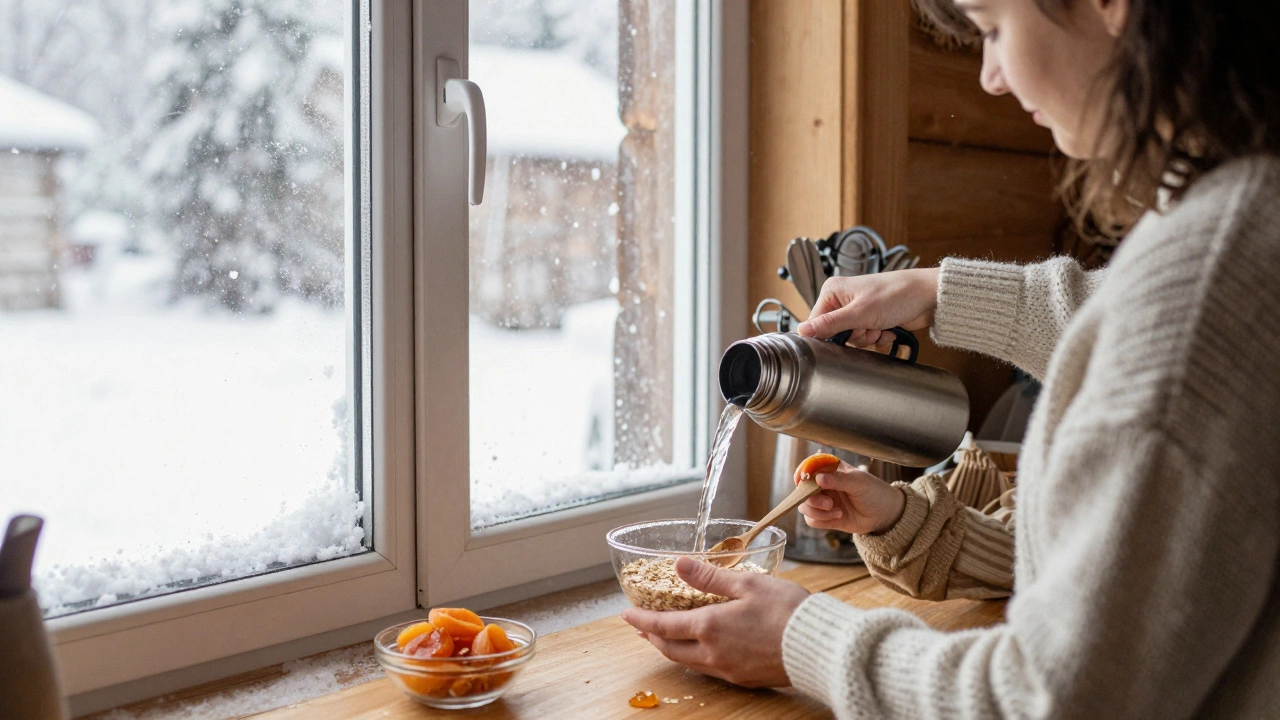 Женщина готовит овсянку в термосе, ребенок ест курагу с медом у окна с снегопадом.