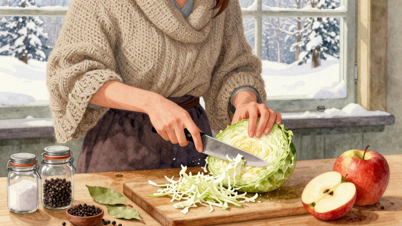 Женщина шинкует свежую капусту на деревянном столе с морковью, яблоками и специями.