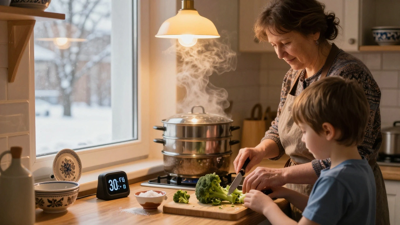 Бабушка и внук готовят брокколи на кухне в Казани, на окне снег