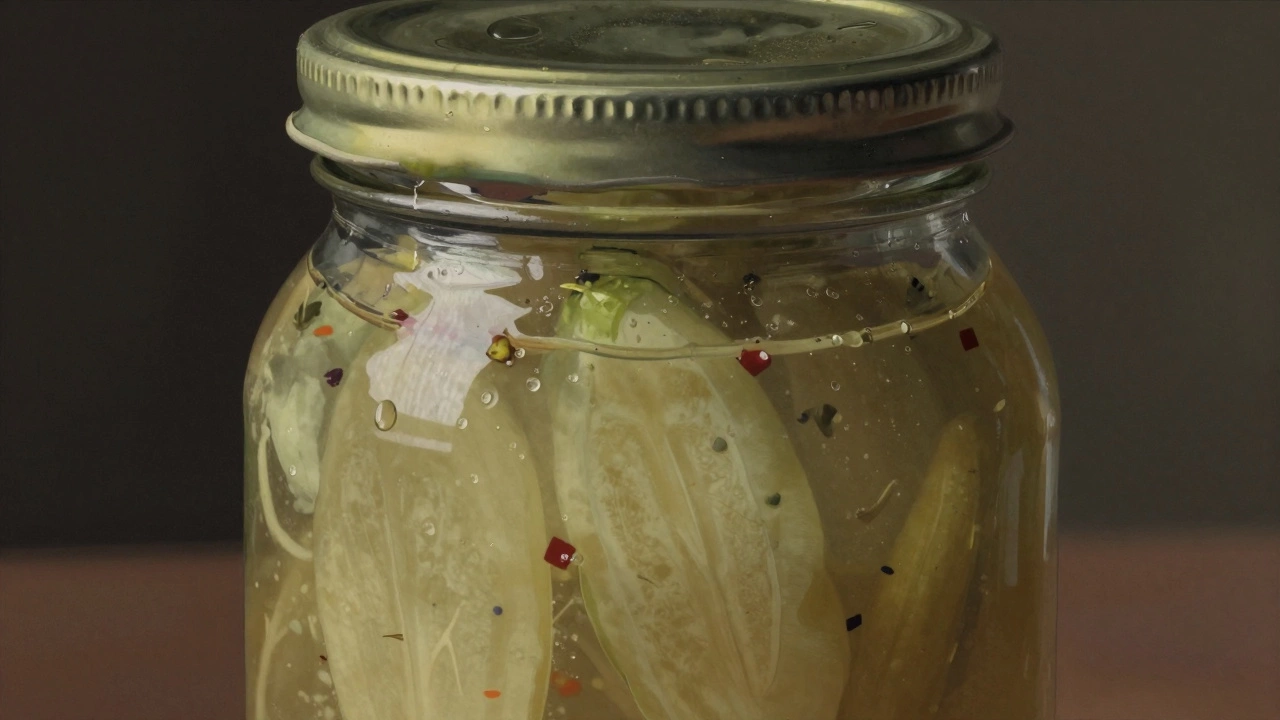 Банка с соленьями с мутным рассолом и пленкой плесени на поверхности.