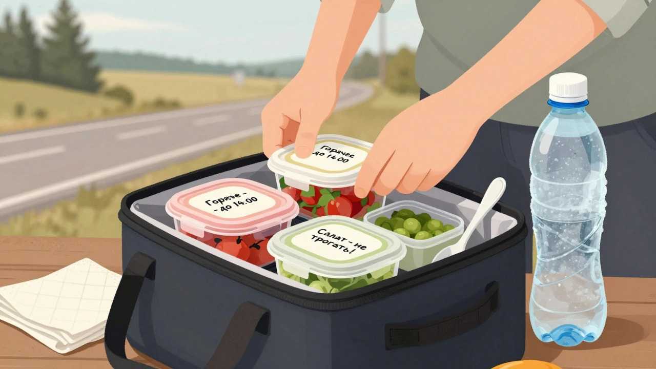 Человек упаковывает термосумку с помеченными контейнерами, салфеткой и ложкой, на фоне дороги.
